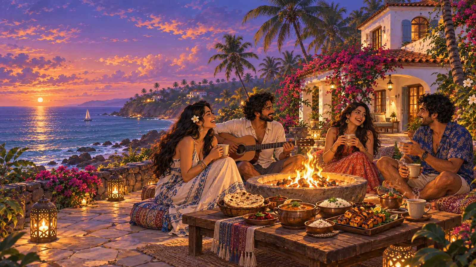 Guests sharing Indian food and chai around a bonfire at a coastal villa overlooking the sunset